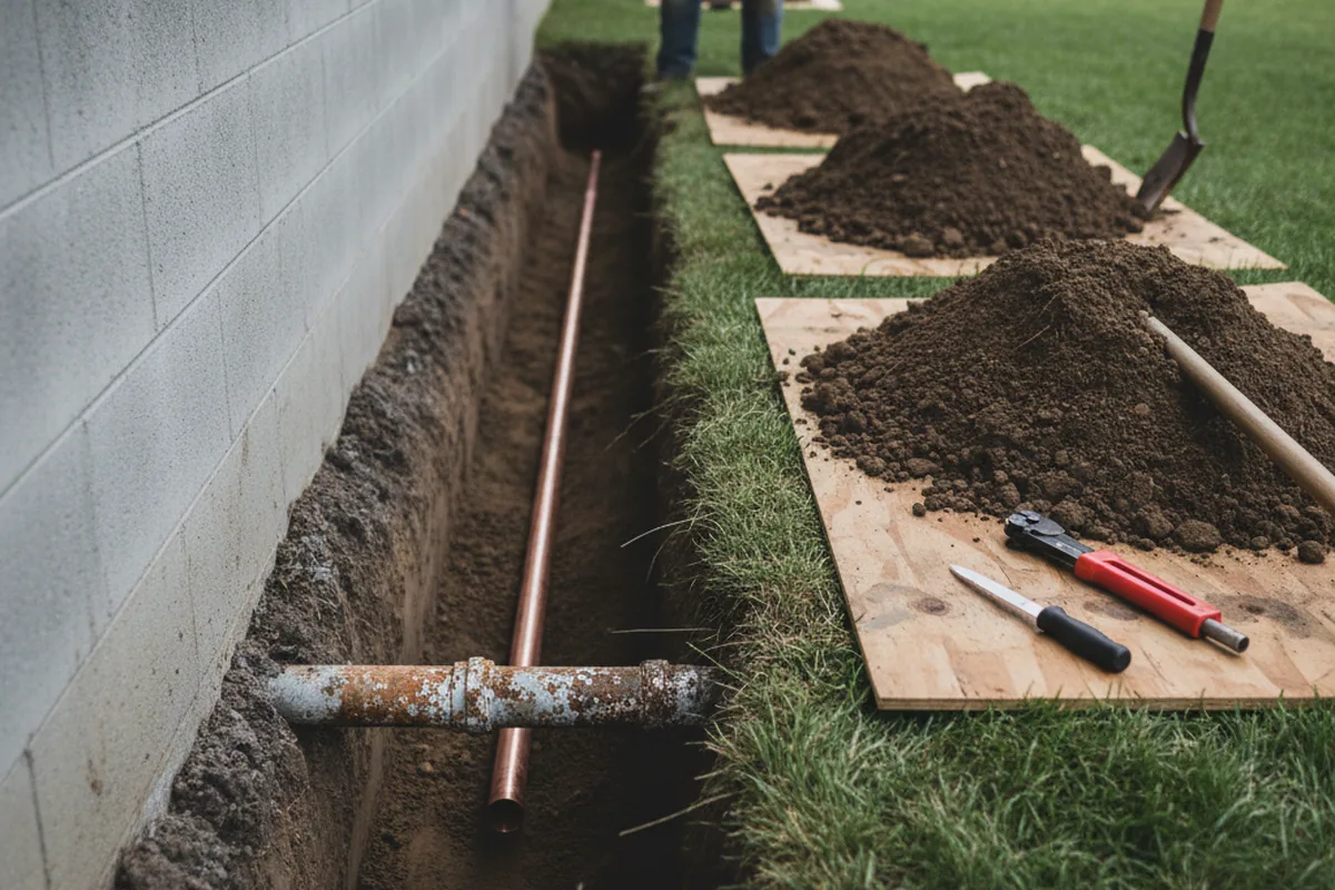 Excavated water line trench during Water Heater Repair in Ashley